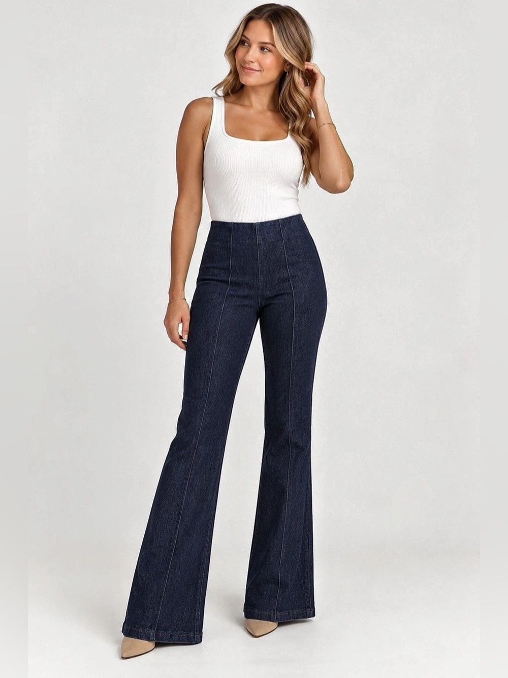 Spanx Flare Jeans Dark Wash Indigo Pull On High Waisted Stretch Denim Small